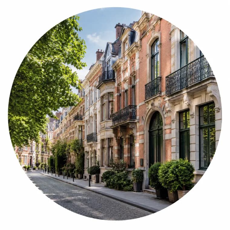 Tree-lined townhouse street with brick and stone facades in Brussels, Belgium - Globexs furnished rentals for expats and international employees in Brussels