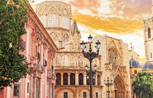 Square of Saint Mary's and Valencia  cathedral temple in old town.Spain