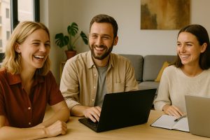 Three European expats working on laptops in a bright co-living apartment in Spain, illustrating the benefits of Flex Living for newcomers