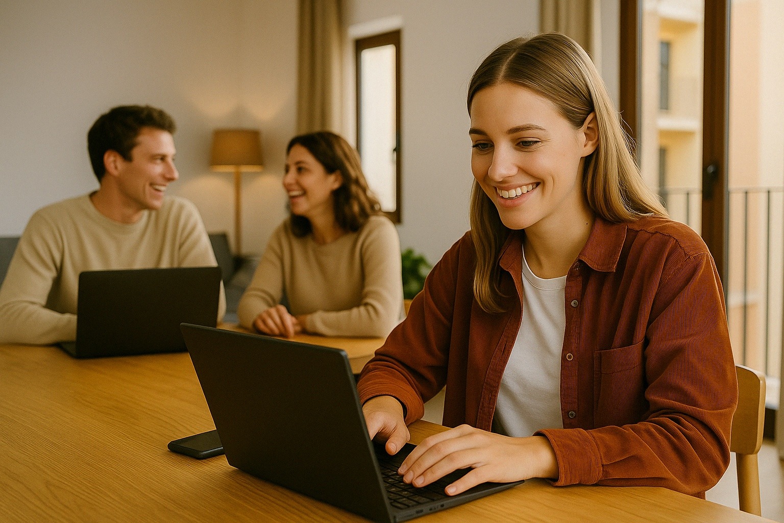 Happy European expats working on laptops at a shared table in a bright co-living apartment in Spain, illustrating the concept of Flex Living