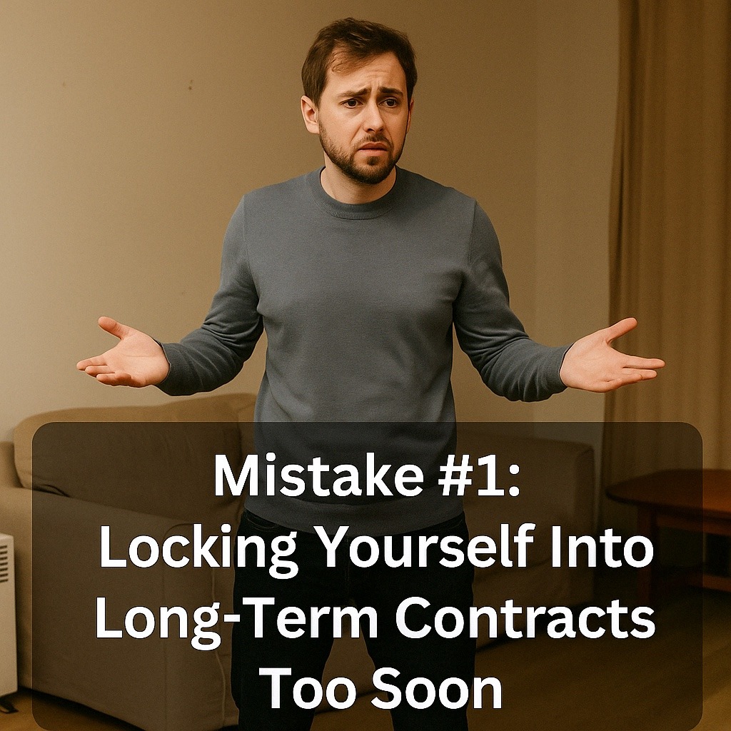 Confused expat standing in an underwhelming apartment in Spain, highlighting the mistake of committing to a long-term rental too quickly