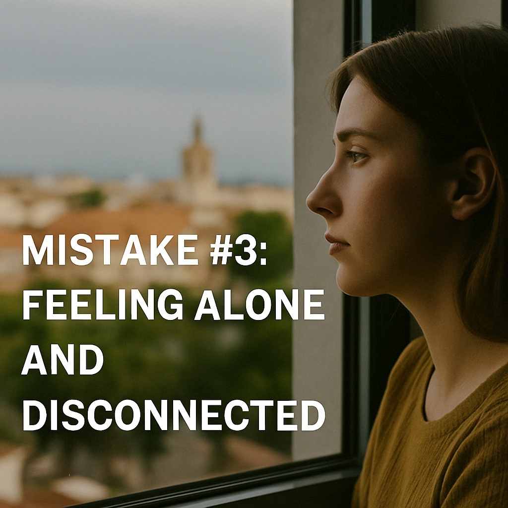 Young expat woman looking out the window at a Spanish cityscape, partially visible with a thoughtful, lonely expression