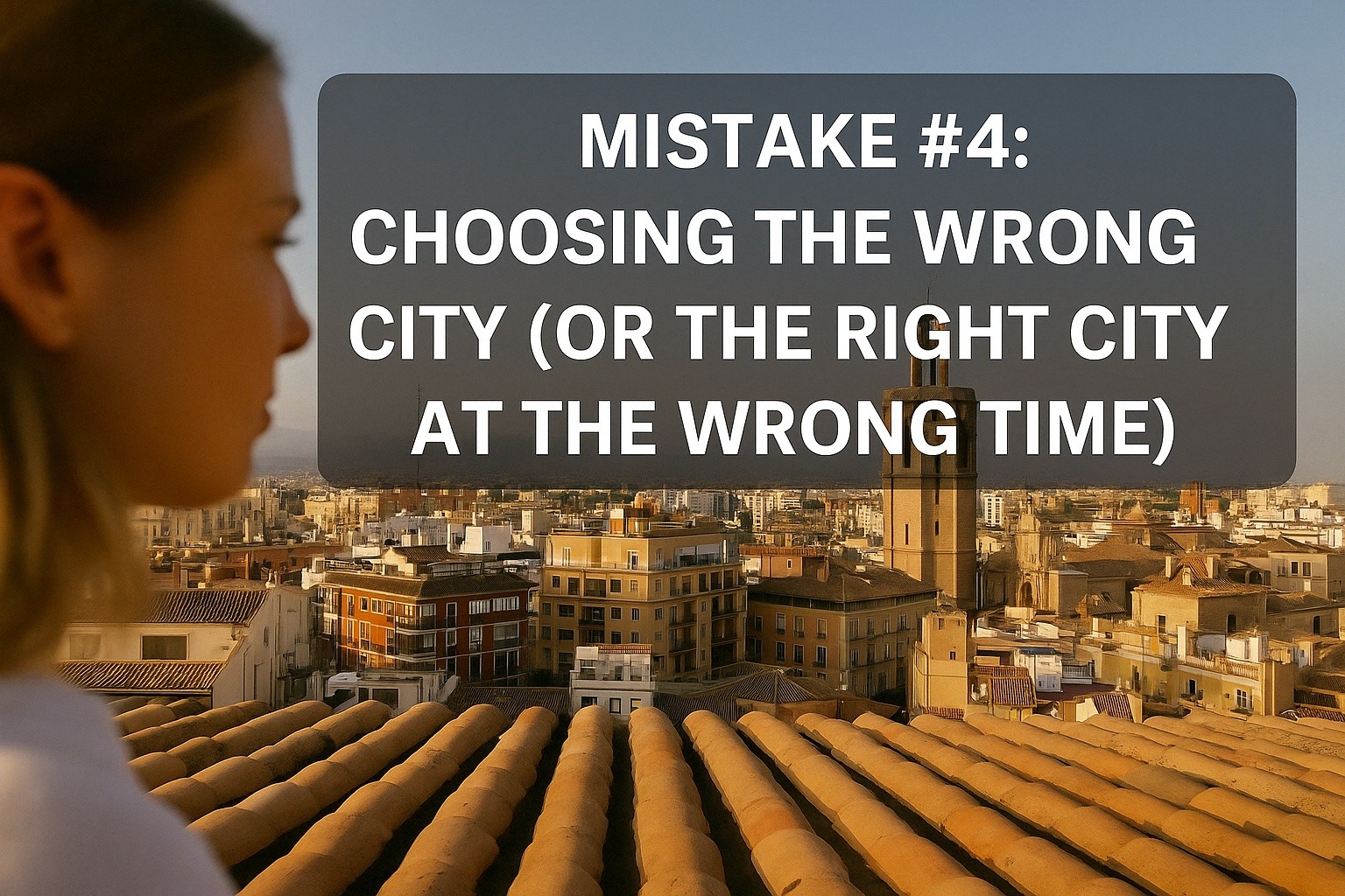 Confused expat standing between signs pointing to different Spanish cities, symbolizing uncertainty about where to settle in Spain
