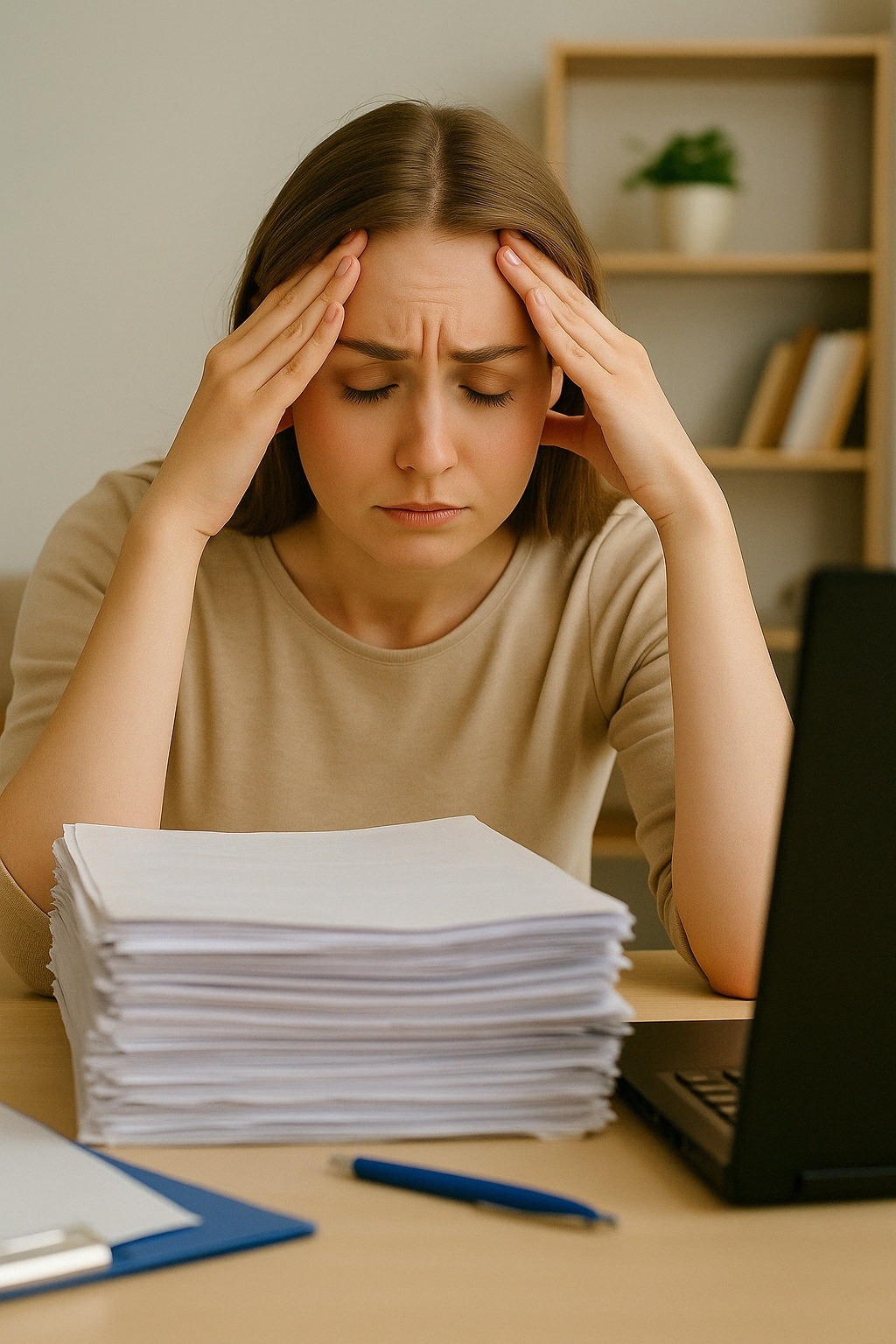 Frustrated young expat woman sitting at a desk filled with papers and documents, symbolizing the challenges of Spanish bureaucracy