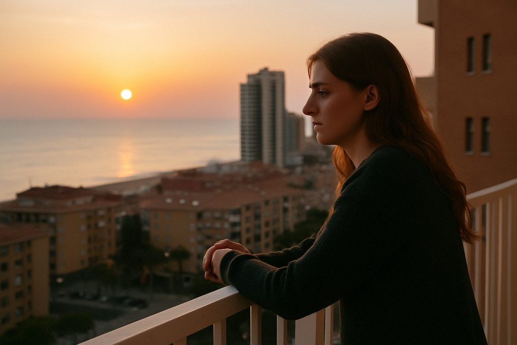 A young woman looking thoughtful on a balcony at sunset in Valencia, overlooking the Mediterranean Sea — capturing the emotional side of relocation for digital nomads and expats. Emotional Journey of Moving Abroad, Globexs Community, A Personal Story.