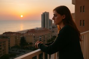 A young woman looking thoughtful on a balcony at sunset in Valencia, overlooking the Mediterranean Sea — capturing the emotional side of relocation for digital nomads and expats. Emotional Journey of Moving Abroad, Globexs Community, A Personal Story.