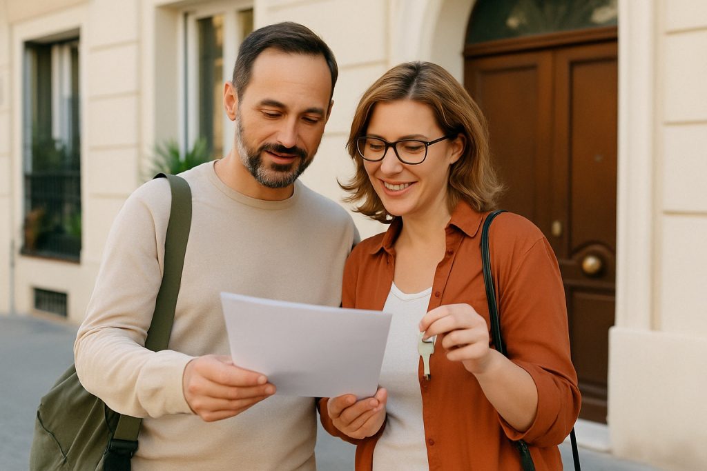 A smiling couple of digital nomads in their late 30s standing in front of their new apartment in Europe, holding rental documents and keys — representing the start of a successful relocation and essential renting tips for digital nomads moving abroad.