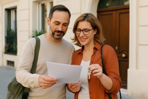 A smiling couple of digital nomads in their late 30s standing in front of their new apartment in Europe, holding rental documents and keys — representing the start of a successful relocation and essential renting tips for digital nomads moving abroad.