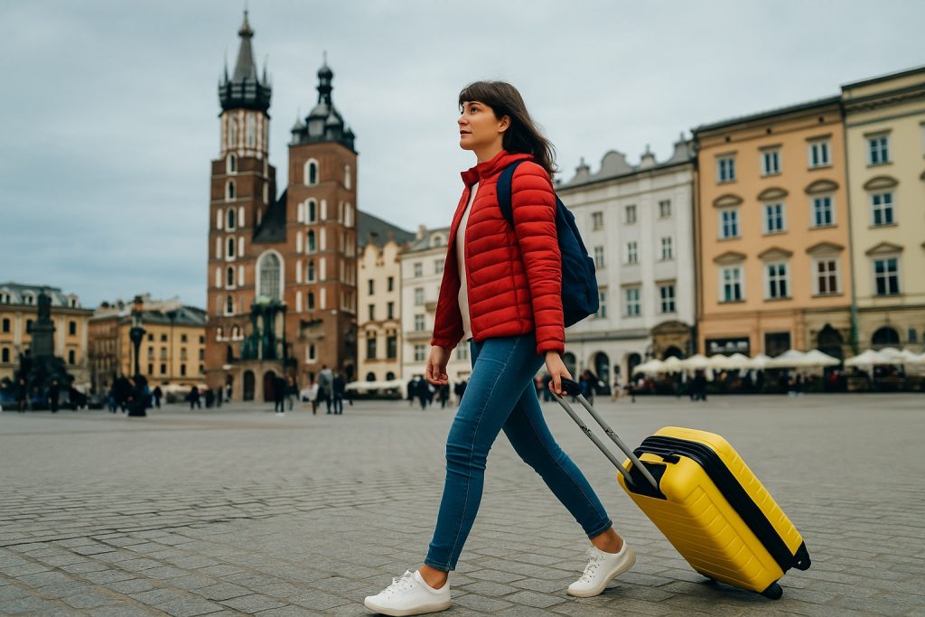 Young woman with suitcase walking in Spain, ultimate guide to traveling and relocating in Europe for expats, furnished apartments for rent with Globexs. Settling Into Your New European Home