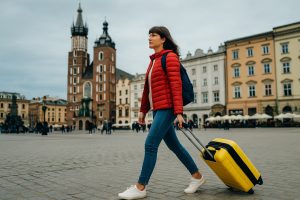 Young woman with suitcase walking in Spain, ultimate guide to traveling and relocating in Europe for expats, furnished apartments for rent with Globexs. Settling Into Your New European Home