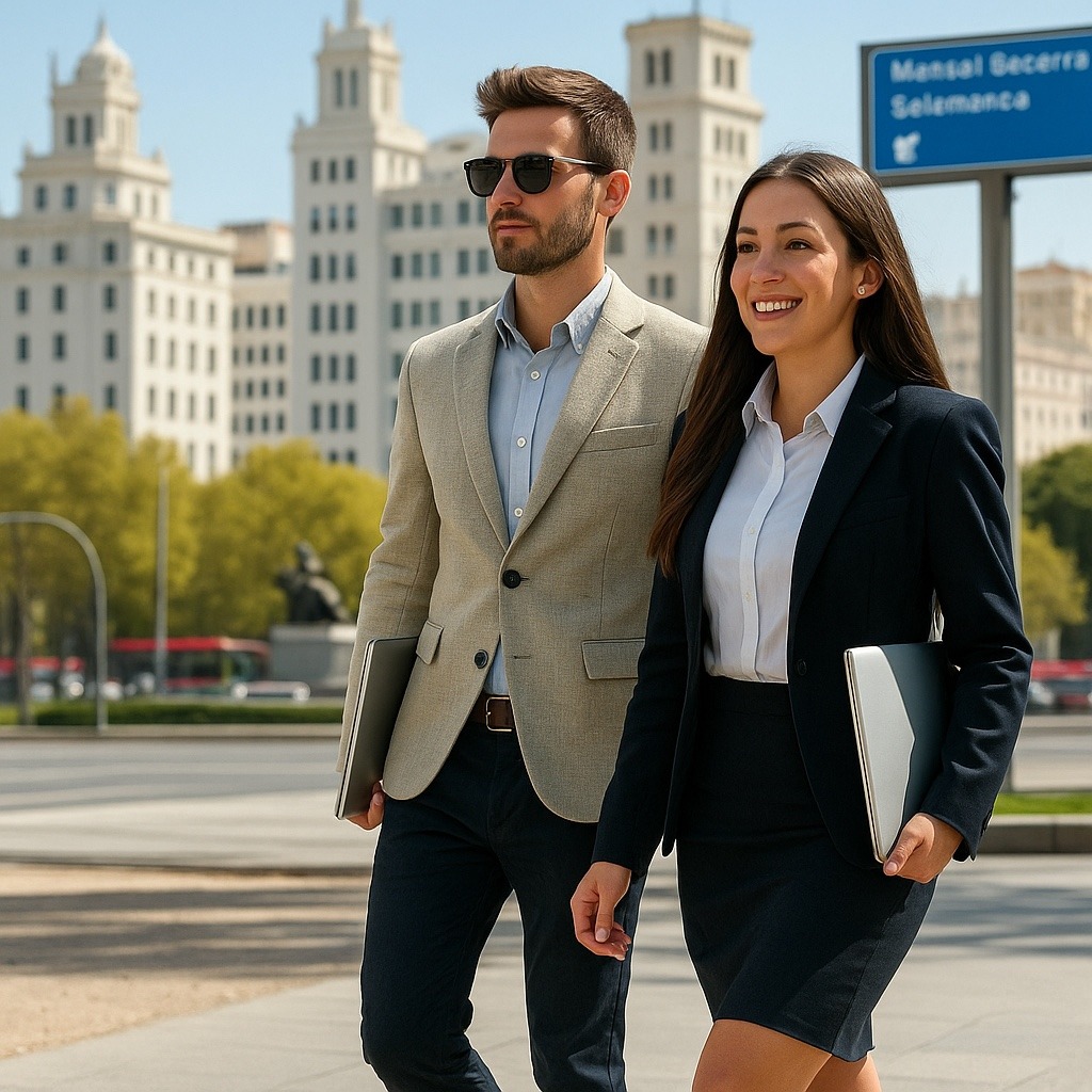 Two expat professionals walking near Retiro Park in Madrid, holding laptops, with the city skyline in the background, relocating to Madrid as an expat with Globexs' business and cultural guide