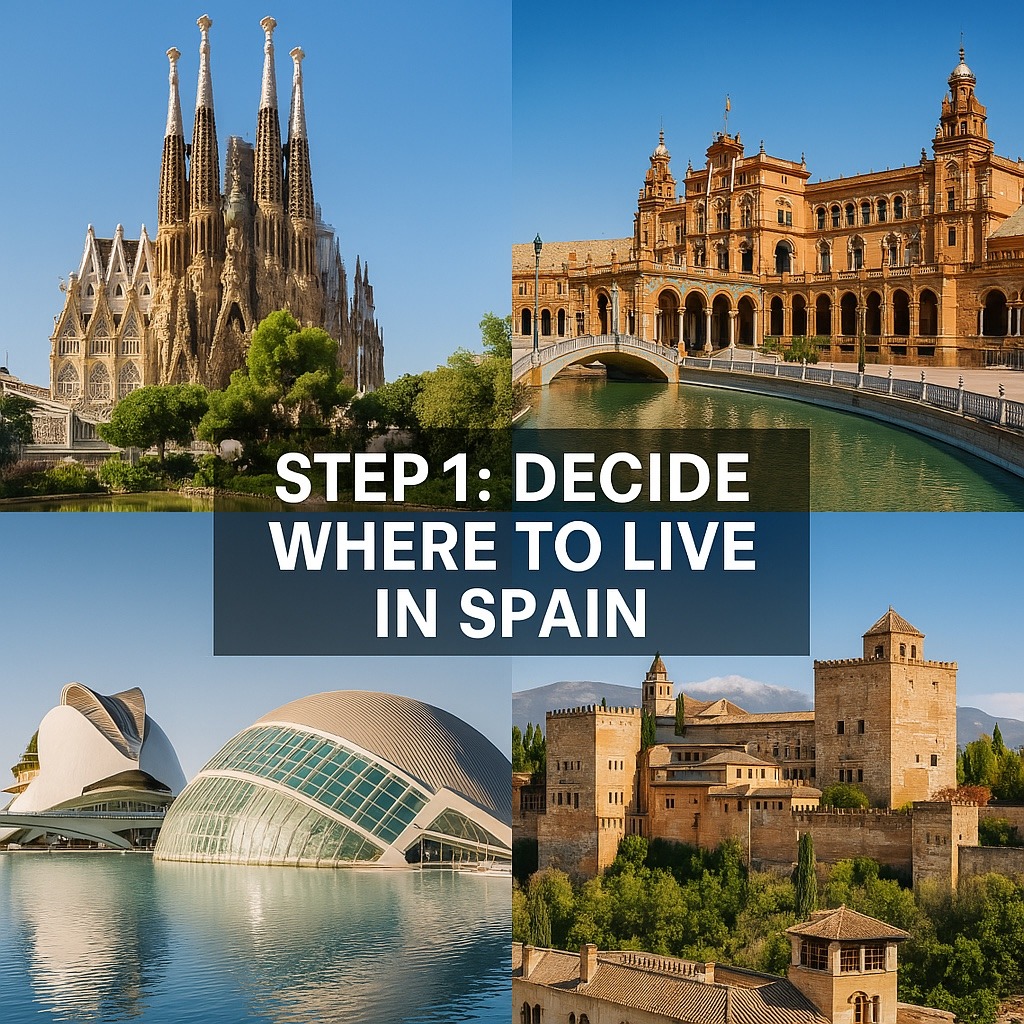 Collage of iconic Spanish cities including Barcelona, Seville, Valencia, and Granada – Step 1: Decide where to live in Spain