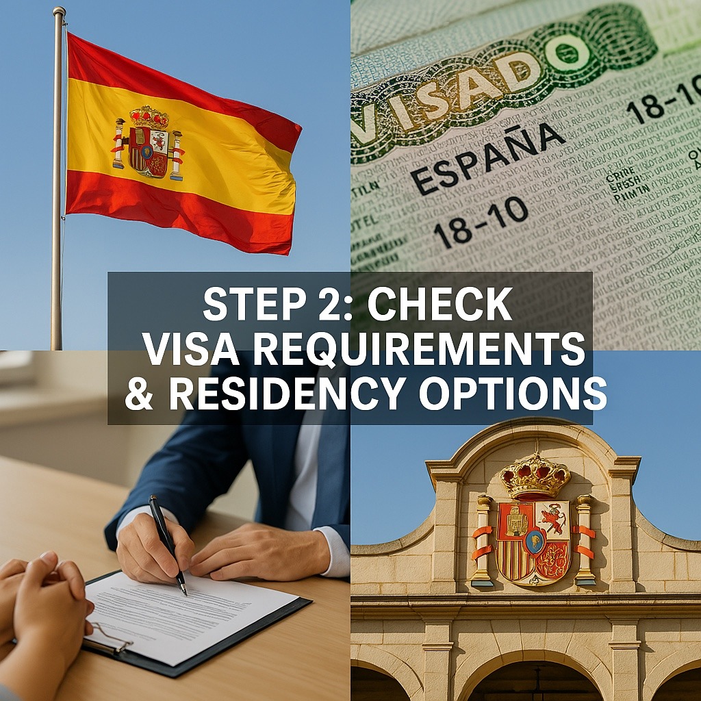 Spanish visa application collage including Spain flag, visa stamp, official documents and government building – Step 2: Check visa requirements and residency options for moving to Spain