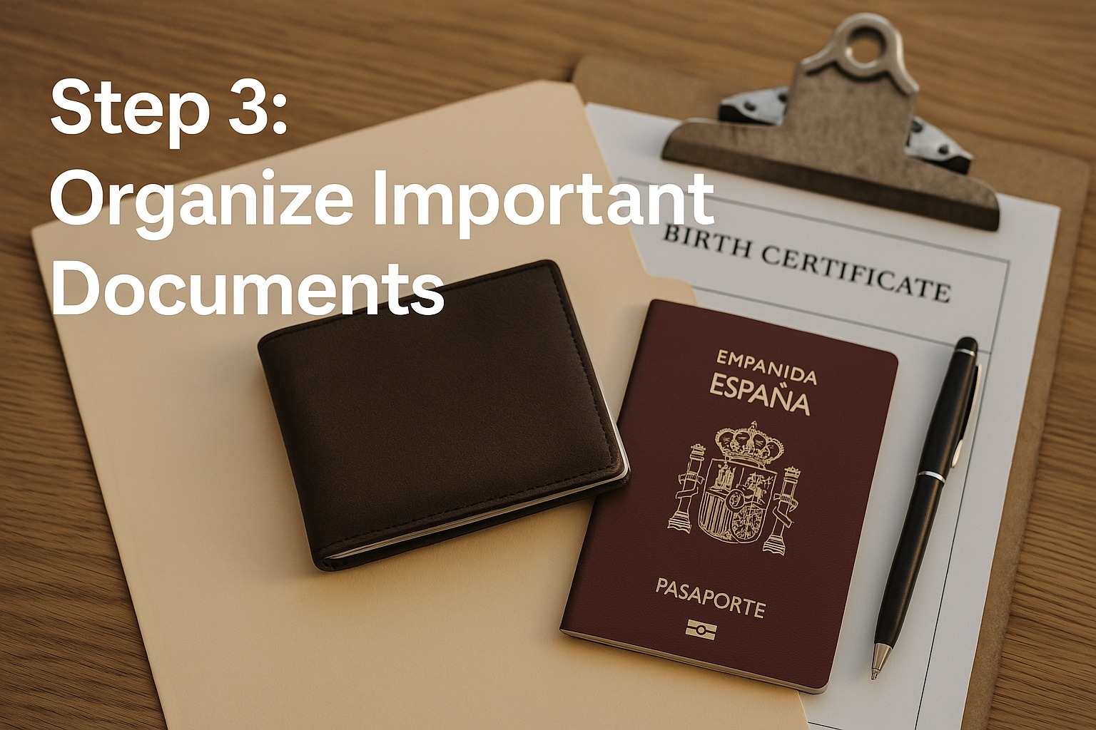 Planning checklist with passport, air ticket, and pen on desk – Step 3: Organize important documents before moving to Spain