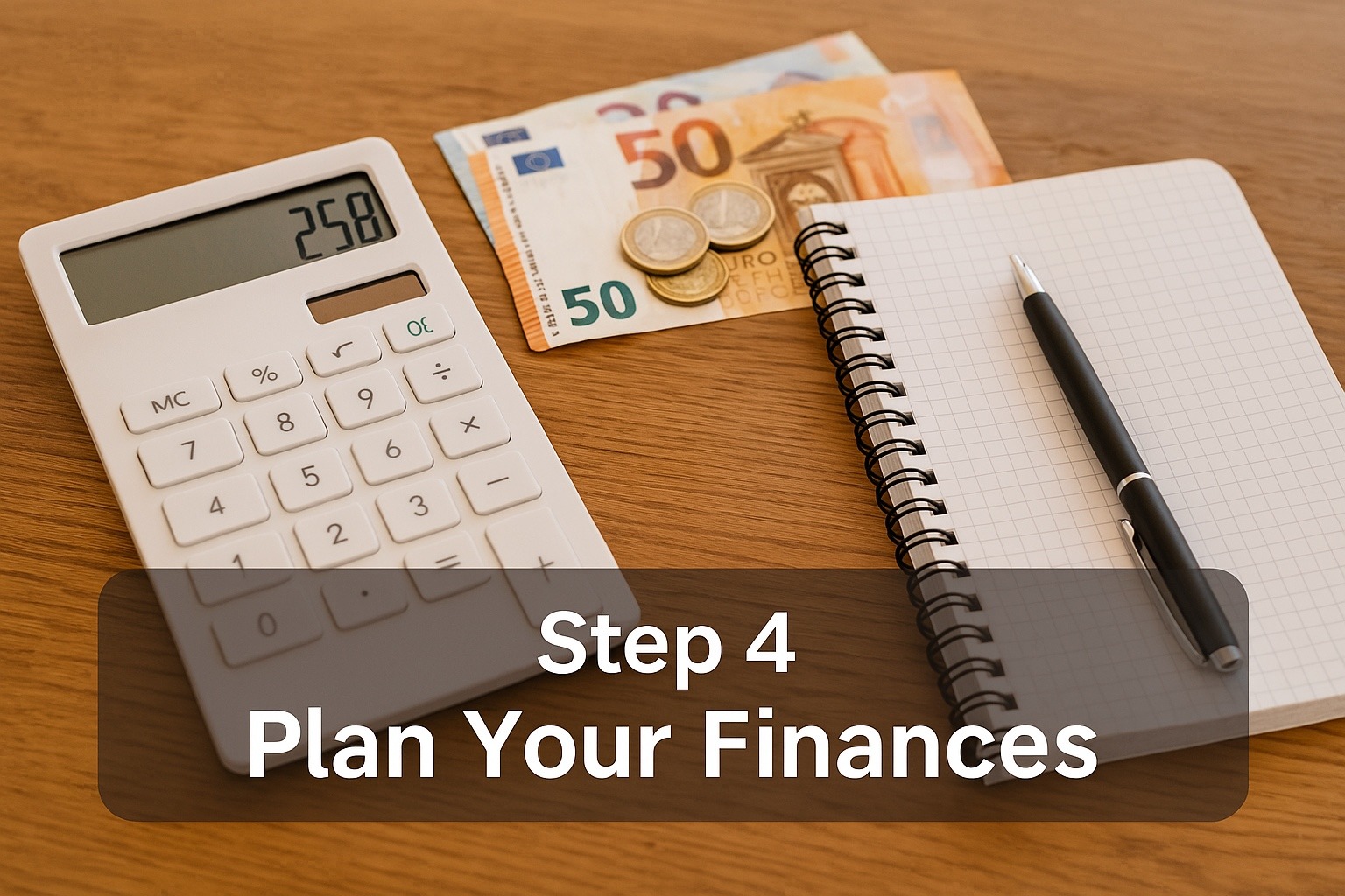 Calculator, euro banknotes and coins, and notebook on wooden desk – Step 4: Plan your finances when moving to Spain