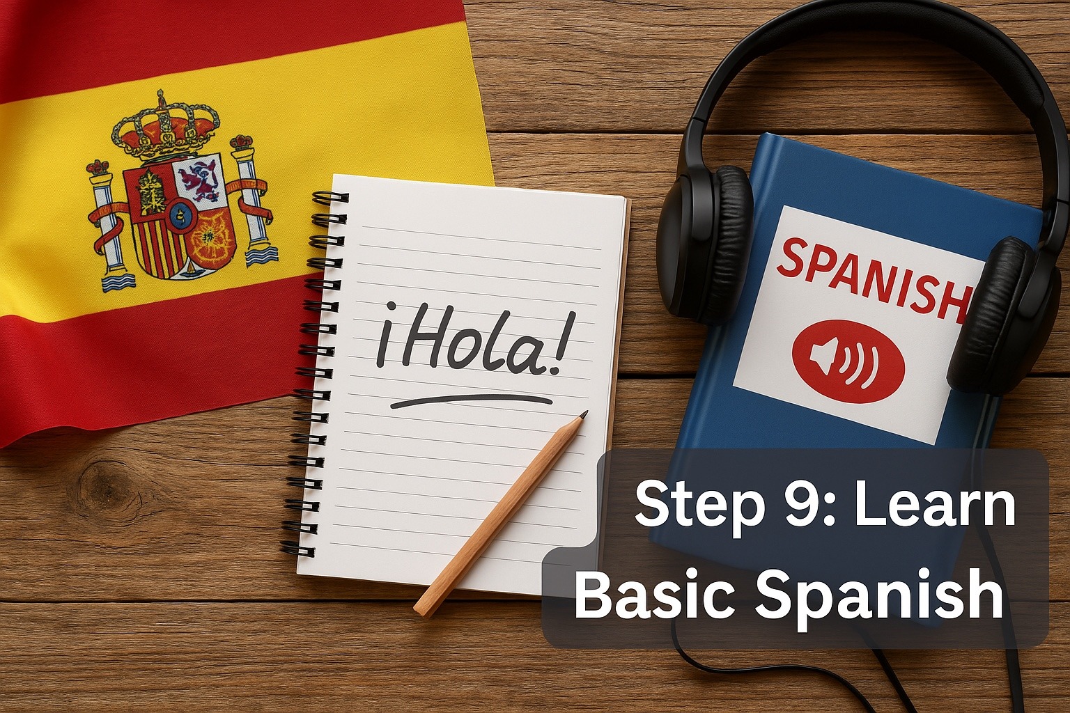 Spanish flag, notebook with '¡Hola!' written, and Spanish learning materials with headphones – Step 9: Learn basic Spanish for relocation to Spain