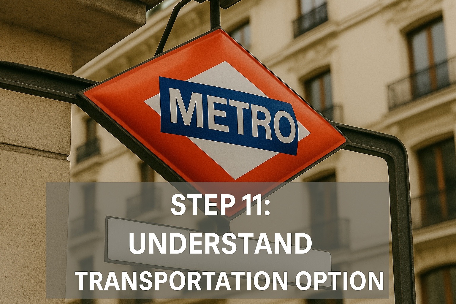 Madrid Metro sign outside a station with historic building in background – Step 11: Understand transportation options when moving to Spain