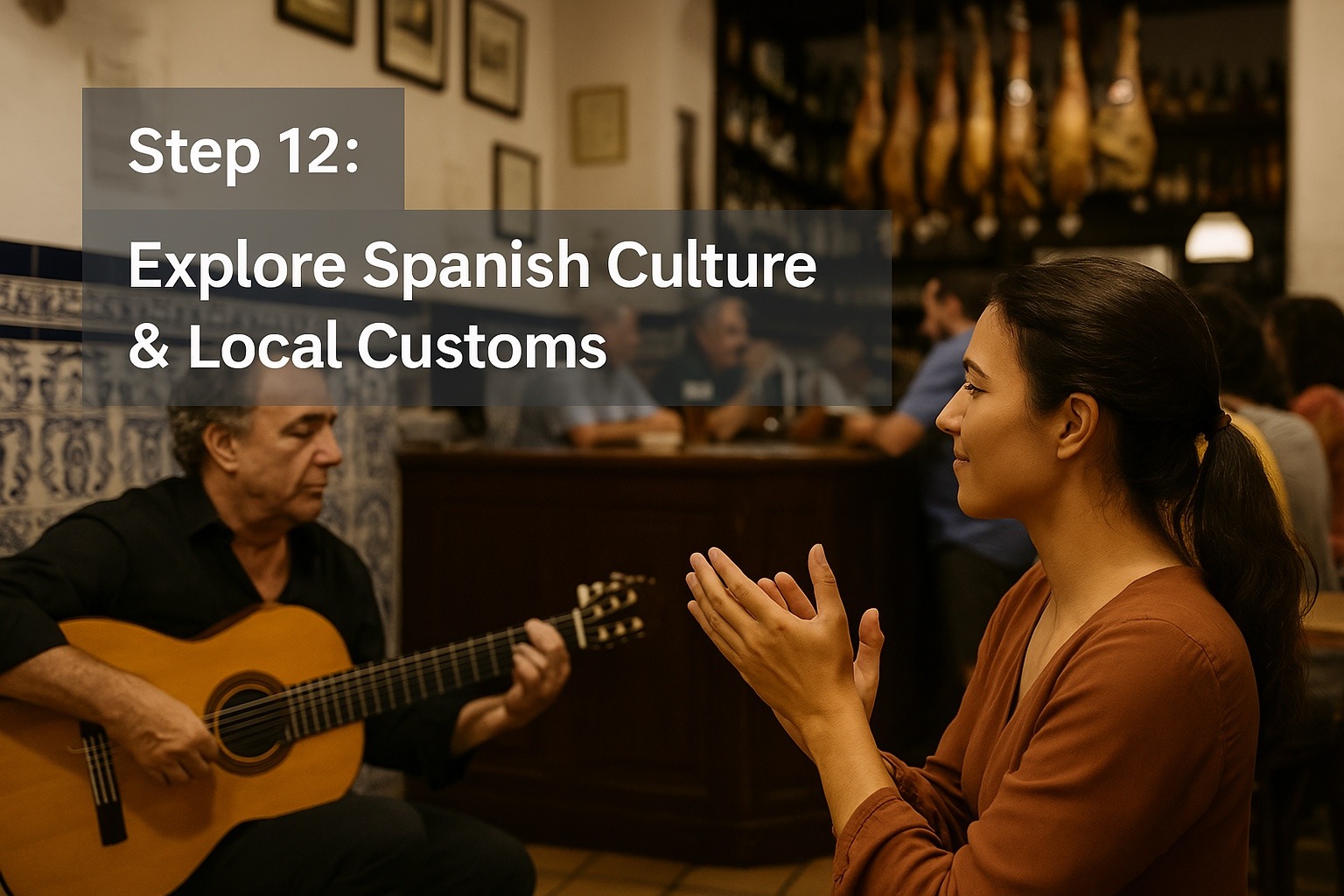 Woman clapping to live flamenco guitarist in a traditional Spanish tapas bar – Step 12: Explore Spanish culture and local customs