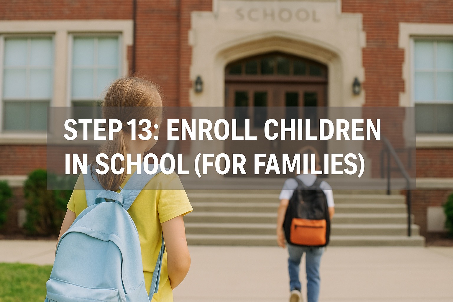 Two children with backpacks walking toward school building – Step 13: Enroll children in school after relocating to Spain"