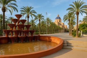 Relocating to Elche-Alicante as an Expat, Panoramic view of a terracotta fountain surrounded by palm trees in a park in Elche, Spain, with the dome of a historic church in the background — representing the city's coastal charm and cultural heritage for expats relocating to Alicante.