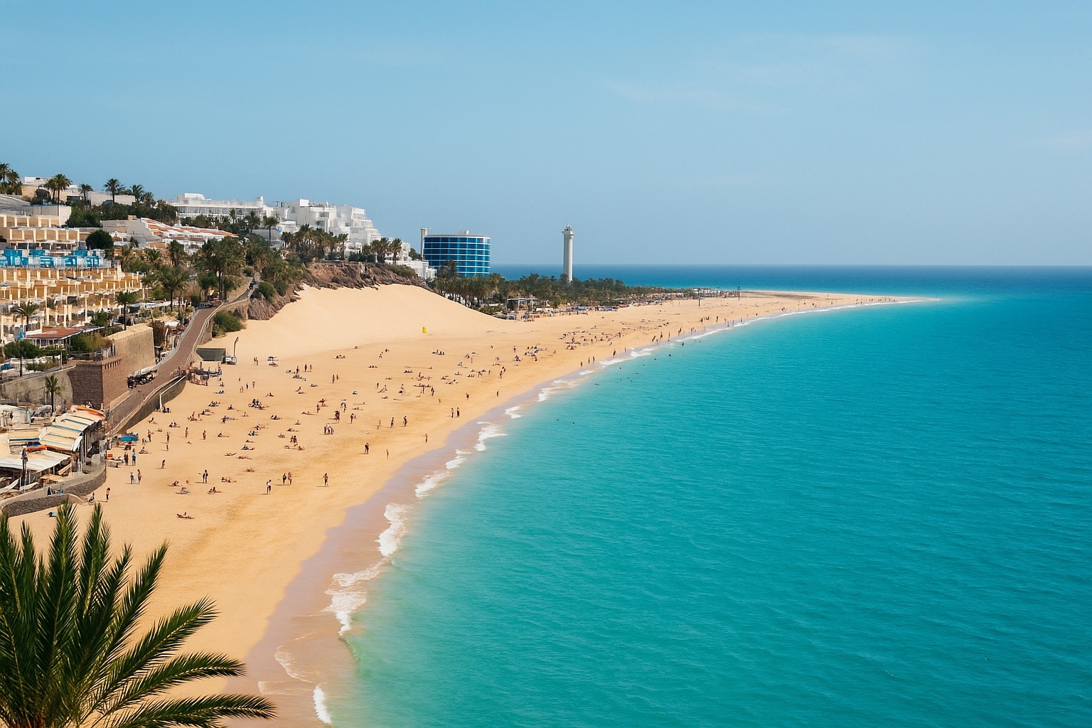 Scenic view of a long sandy beach in Fuerteventura, Spain, with turquoise water, people sunbathing, and resort buildings perched on the cliffs, including a lighthouse in the distance under a clear blue sky.
