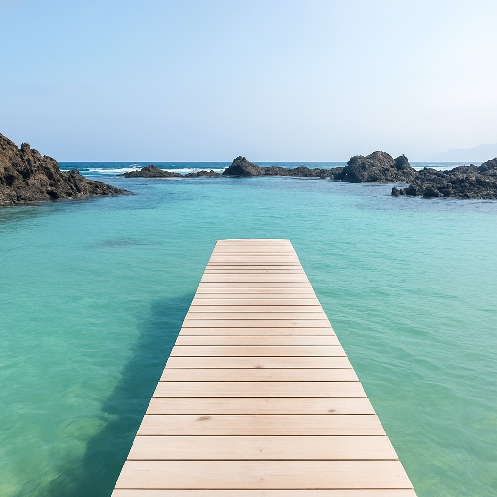 wooden pier overlooking the crystal-clear turquoise water and volcanic rock formations in Fuerteventura, enjoying the peaceful ocean view under a bright sky.