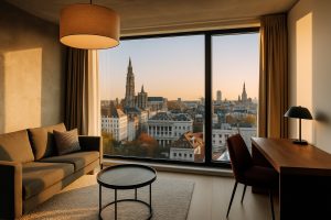 Modern furnished apartment with city view, ideal for corporate housing in Belgium — mid-term rental setup for business travelers and expats.